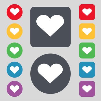 Heart, Love icon sign. A set of 12 colored buttons. Flat design. illustration