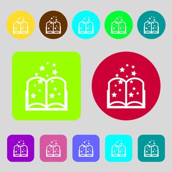 Magic Book sign icon. Open book symbol.12 colored buttons. Flat design. illustration