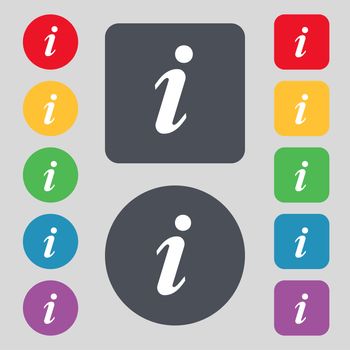 Information, Info icon sign. A set of 12 colored buttons. Flat design. illustration