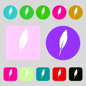 Feather sign icon. Retro pen symbo.12 colored buttons. Flat design. illustration