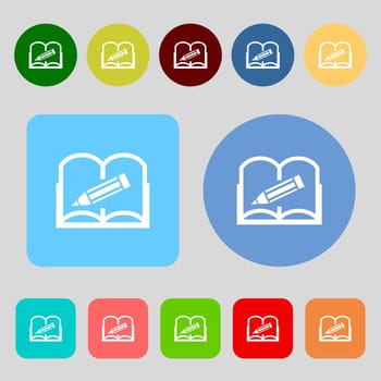 Book sign icon. Open book symbol.12 colored buttons. Flat design. illustration