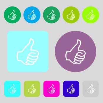 Like sign icon. Thumb up sign. Hand finger up.12 colored buttons. Flat design. illustration