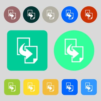 Copy file sign icon. Duplicate document symbol.12 colored buttons. Flat design. illustration