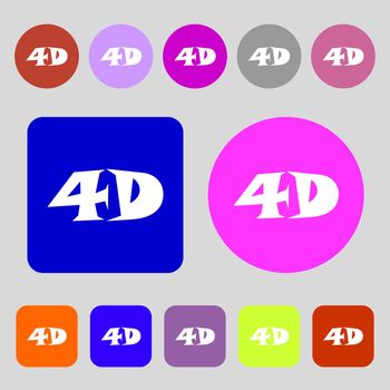 4D sign icon. 4D New technology symbol.12 colored buttons. Flat design. illustration
