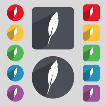 Feather sign icon. Retro pen symbol. Set of colored buttons illustration