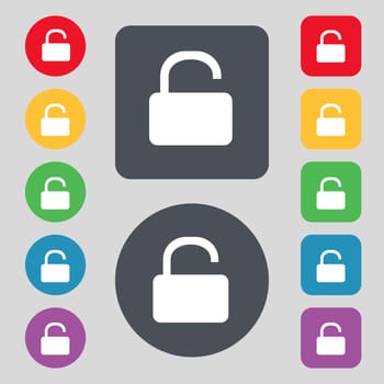 Open Padlock icon sign. A set of 12 colored buttons. Flat design. illustration