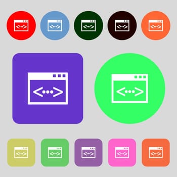 Code sign icon. Programmer symbol.12 colored buttons. Flat design. illustration