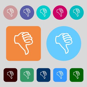 Dislike sign icon. Thumb down sign. Hand finger down symbol.12 colored buttons. Flat design. illustration