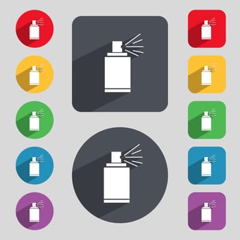 Graffiti spray can sign icon. Aerosol paint symbol. Set of colored buttons. illustration