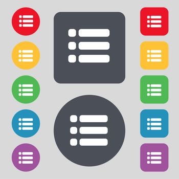 List menu, Content view options icon sign. A set of 12 colored buttons. Flat design. illustration