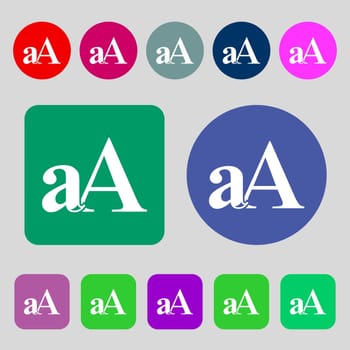 Enlarge font, aA icon sign.12 colored buttons. Flat design. illustration