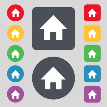 Home, Main page icon sign. A set of 12 colored buttons. Flat design. illustration