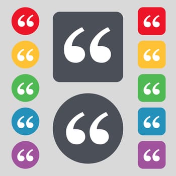 Double quotes at the beginning of words icon sign. A set of 12 colored buttons. Flat design. illustration