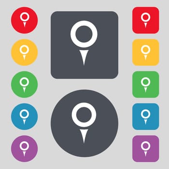 Map pointer, GPS location icon sign. A set of 12 colored buttons. Flat design. illustration