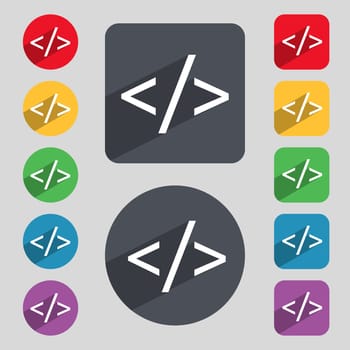 Code sign icon. Programming language symbol. Set of colored buttons. illustration