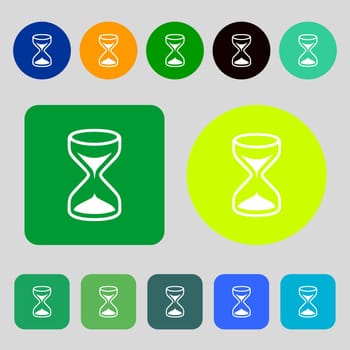 Hourglass sign icon. Sand timer symbol.12 colored buttons. Flat design. illustration