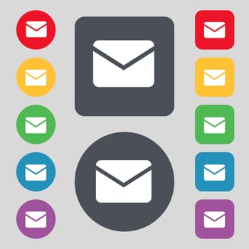 Mail, Envelope, Message icon sign. A set of 12 colored buttons. Flat design. illustration
