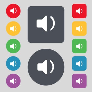 Speaker volume, Sound icon sign. A set of 12 colored buttons. Flat design. illustration