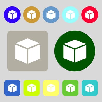 3d cube icon sign.12 colored buttons. Flat design. illustration