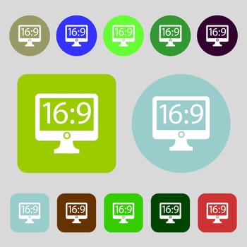 Aspect ratio 16:9 widescreen tv icon sign.12 colored buttons. Flat design. illustration