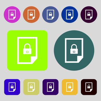 File unlocked icon sign.12 colored buttons. Flat design. illustration