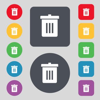 Recycle bin, Reuse or reduce icon sign. A set of 12 colored buttons. Flat design. illustration