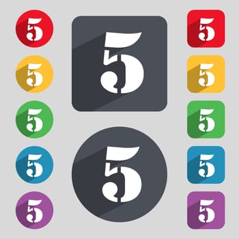 number five icon sign. Set of coloured buttons. illustration