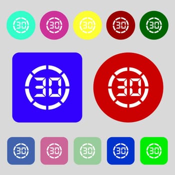 30 second stopwatch icon sign.12 colored buttons. Flat design. illustration