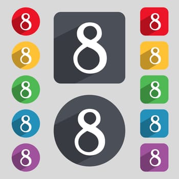 number Eight icon sign. Set of coloured buttons. illustration