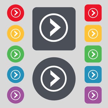 Arrow right, Next icon sign. A set of 12 colored buttons. Flat design. illustration