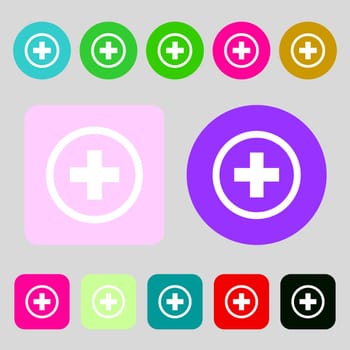 Plus, Positive, zoom icon sign.12 colored buttons. Flat design. illustration