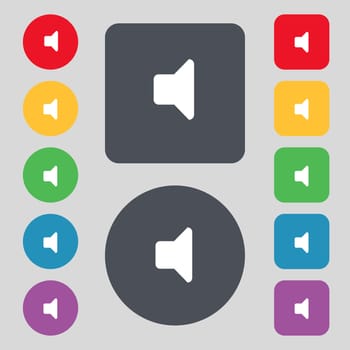 Speaker volume, Sound icon sign. A set of 12 colored buttons. Flat design. illustration