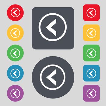 Arrow left, Way out icon sign. A set of 12 colored buttons. Flat design. illustration