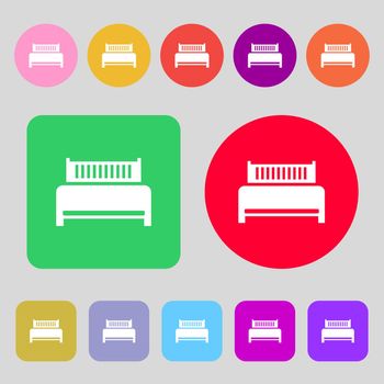 Hotel, bed icon sign.12 colored buttons. Flat design. illustration