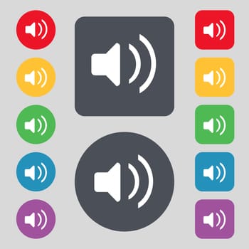 Speaker volume, Sound icon sign. A set of 12 colored buttons. Flat design. illustration