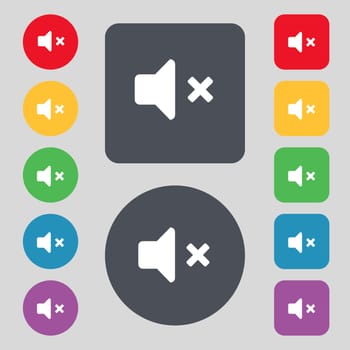 Mute speaker , Sound icon sign. A set of 12 colored buttons. Flat design. illustration