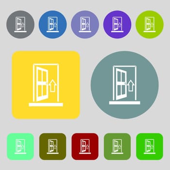 Door, Enter or exit icon sign.12 colored buttons. Flat design. illustration