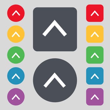 Direction arrow up icon sign. A set of 12 colored buttons. Flat design. illustration
