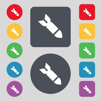 Missile,Rocket weapon icon sign. A set of 12 colored buttons. Flat design. illustration