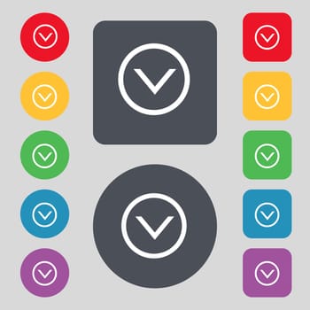 Arrow down, Download, Load, Backup icon sign. A set of 12 colored buttons. Flat design. illustration