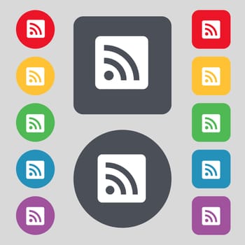 RSS feed icon sign. A set of 12 colored buttons. Flat design. illustration