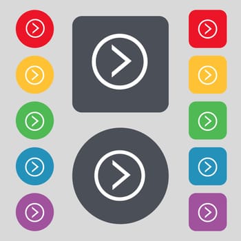 Arrow right, Next icon sign. A set of 12 colored buttons. Flat design. illustration