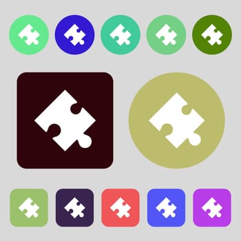 Puzzle piece icon sign.12 colored buttons. Flat design. illustration