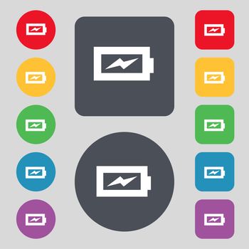 Battery charging icon sign. A set of 12 colored buttons. Flat design. illustration