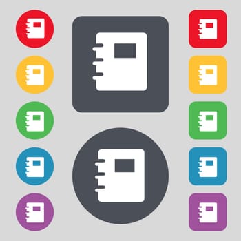Book icon sign. A set of 12 colored buttons. Flat design. illustration