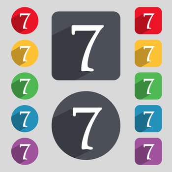 number seven icon sign. Set of coloured buttons. illustration