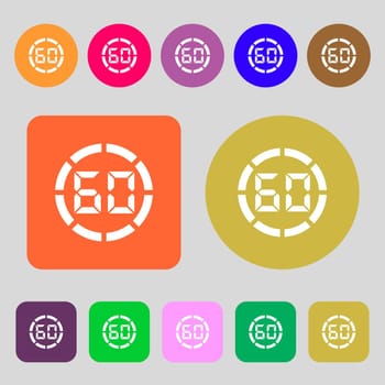 60 second stopwatch icon sign.12 colored buttons. Flat design. illustration