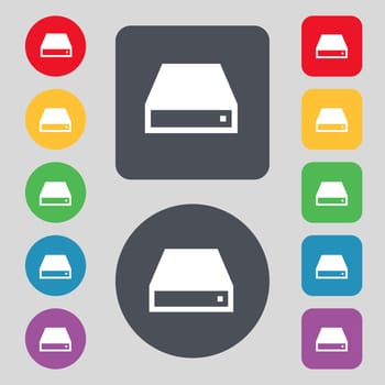 CD-ROM icon sign. A set of 12 colored buttons. Flat design. illustration