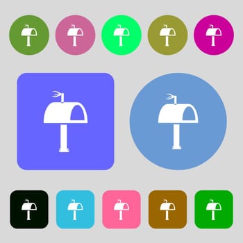 Mailbox icon sign.12 colored buttons. Flat design. illustration