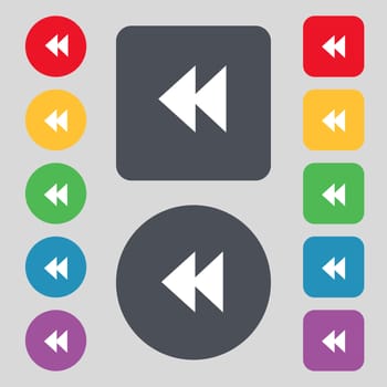 rewind icon sign. A set of 12 colored buttons. Flat design. illustration